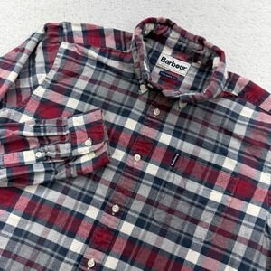 Barbour Tailored Fit Plaid Flannel Button Down Shirt Men's Size M Red Navy